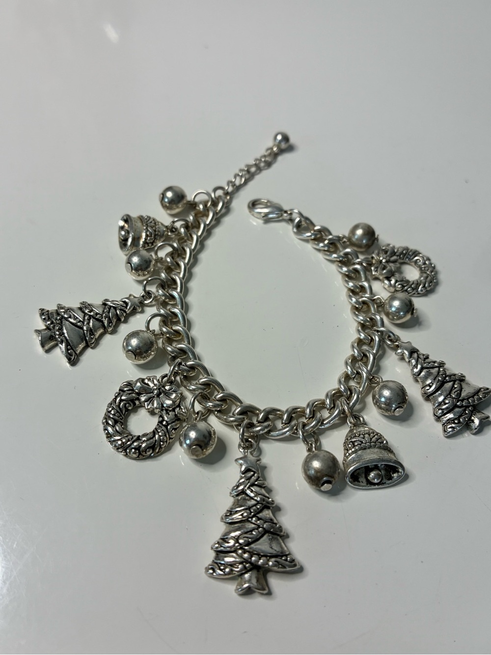 Silver-Tone Holiday Charm Bracelet with Christmas Tree & Bell Charms and Wreaths